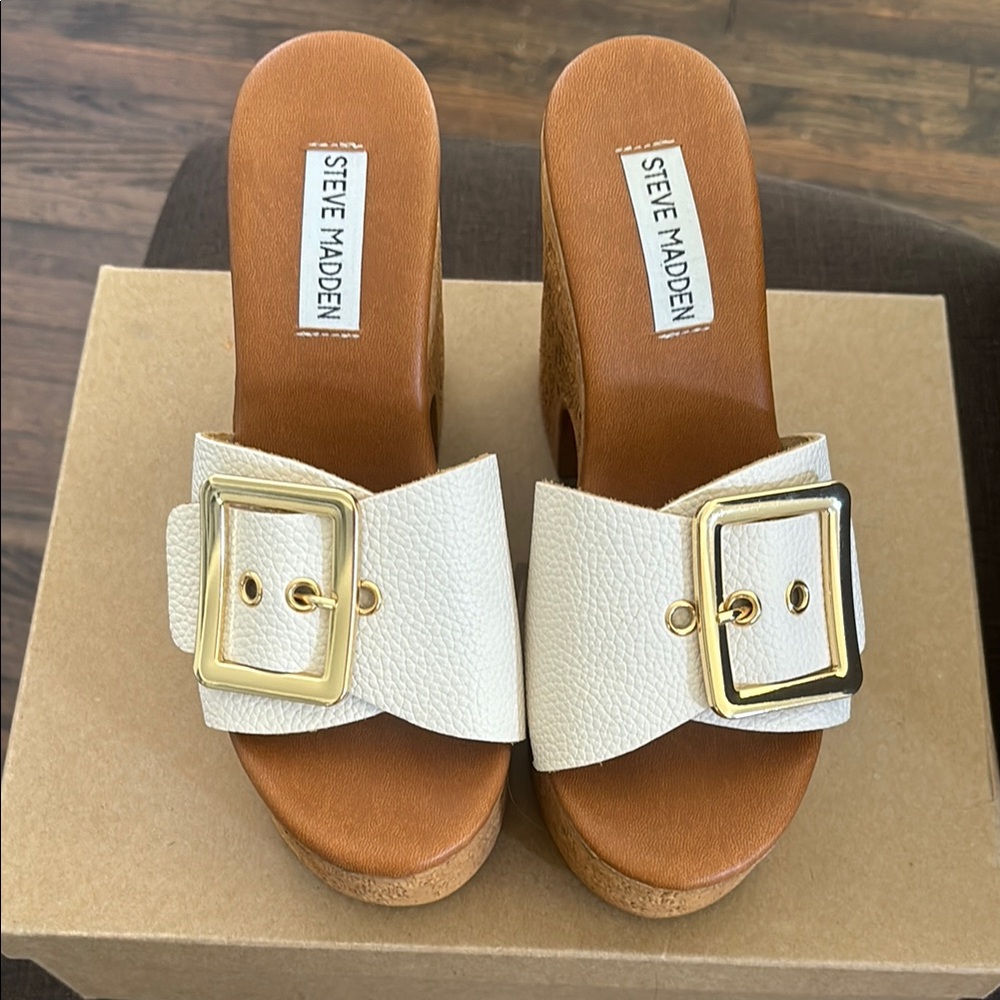 Steve Madden White and Brown Wedge Sandals with Modern Design